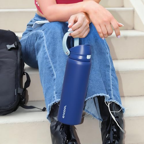 Image of ENCOOL Leakproof Insulated Water Bottle with Straw Dual-Sip Water Bottle Bag-Safe Design for Work, Commute & Gym - Keeps Drinks Cold All Day, 24 oz, Blush Pink
