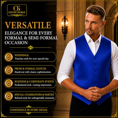 Image of Oliver George 4pc Men's Solid Formal Suit Waistcoat Tuxedo Dress Vest Necktie Bowtie Handkerchief Set for Suit or Tuxedo