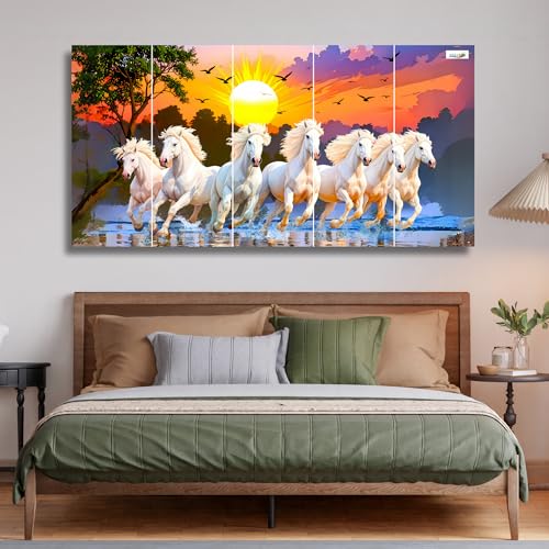 Image of 7 Horses Painting - 24 x 48 Inch 5 Piece Panel Wall Decor Painting | Seven Horse Vastu Wall Frame with Rising Sun | Sparkle Laminated Vinyl on 7mm MDF | For Living Room, Office & Bedroom