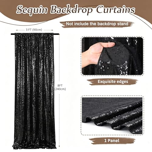Image of Black Sequin Backdrop Curtains-1 Panel 3FTx8FT Black Backdrop for Wedding, Glitter Party Decorations Background Drapes for Birthday Party Anniversary Graduation Photo Booth Decor