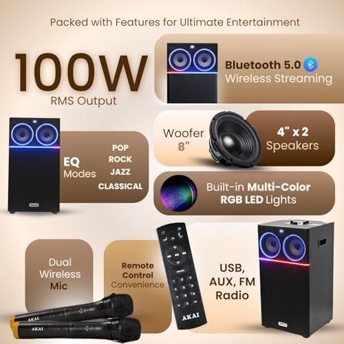 AKAI UltraBoom-100 Bluetooth Party Speaker 100 Watts|High Bass Sound|Wireless Mic Karaoke System| LED Lights|Home Theater Music... - Image 3