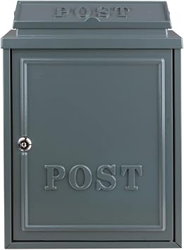 AuraHome Vintage Weatherproof Post Box Classic POST Design-Lockable Heavy Duty Secure Wall Mounted Letter Mail for Walls/Gates/Garages.Charming easy to fit Grey with Grey POST Improved Design