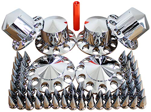 MRJLK Chrome ABS Complete Axle Cover Set with Hub Caps and 33mm Screw-On Spiked Lug Nut Covers for Semi Trucks (2 Front and 4 Rear)
