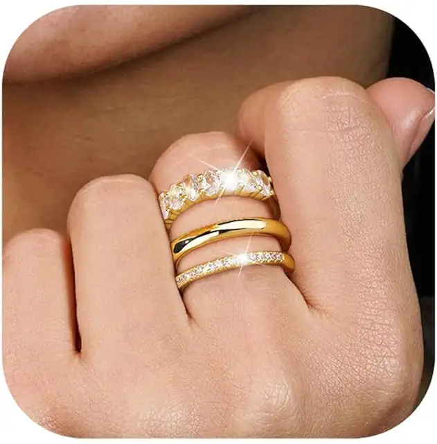 Set di 3 Anelli d'Oro Impilabili Donna, Placcati Oro 14K, Anello Fascia Oro