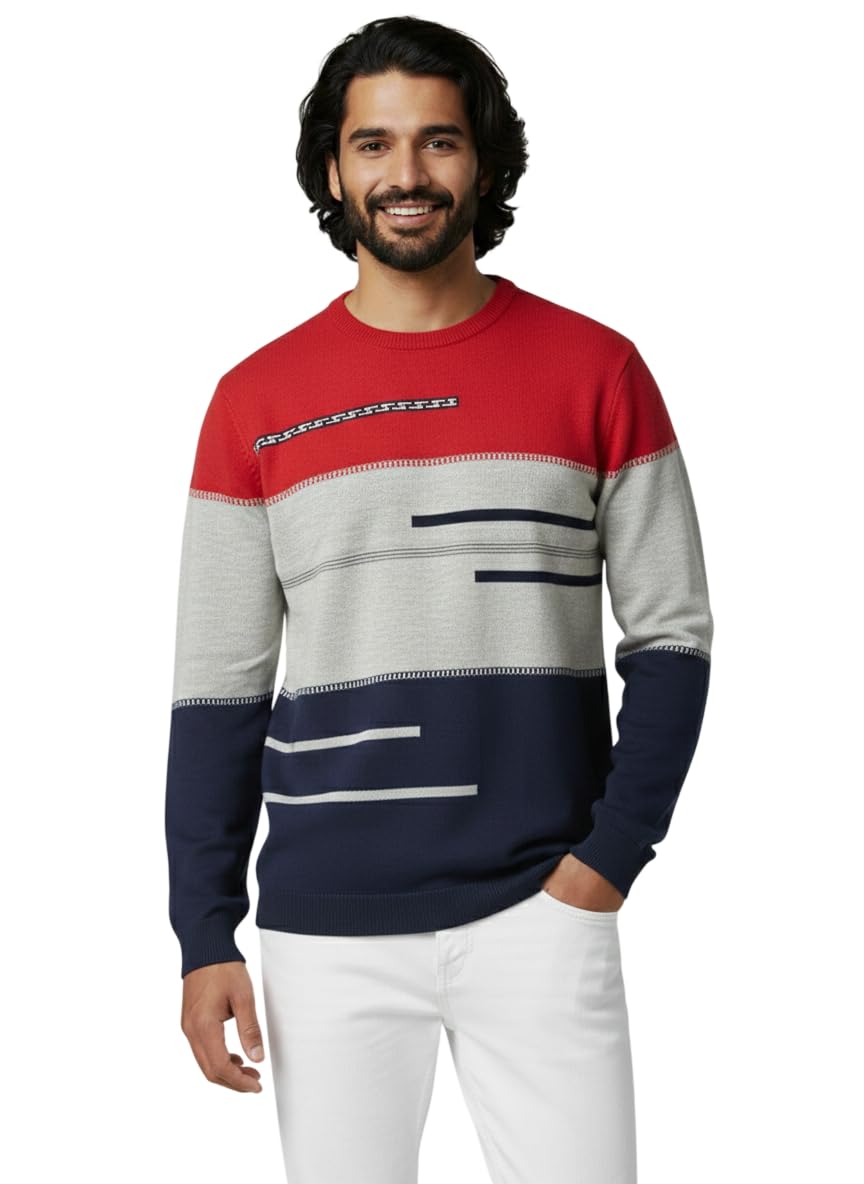 kalasar Men's Color Block Striped Crew Neck T Shirt, Red Grey Navy, Cotton Knit Long Sleeve Pullover-picture-37