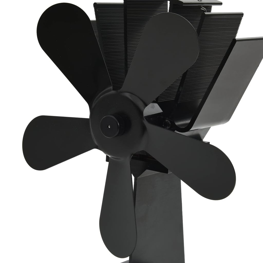 Ofenventilator Wärmebetrieben mit 5 Blättern Schwarz aus eloxiertem Aluminium, leiser Kaminventilator für effiziente Wärmezirkulation und energiesparendes Heizen im Wohnzimmer, Pelletofen
