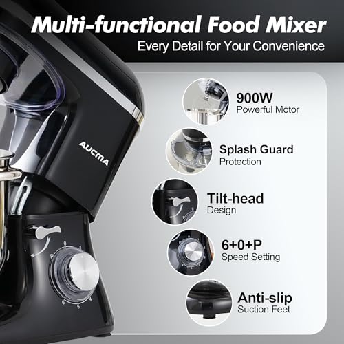 Image of Aucma Stand Mixer,8QT 900W 6-Speed Tilt-Head Food Mixer, Kitchen Electric Mixer with Dough Hook, Wire Whip & Beater (Black, 8QT)