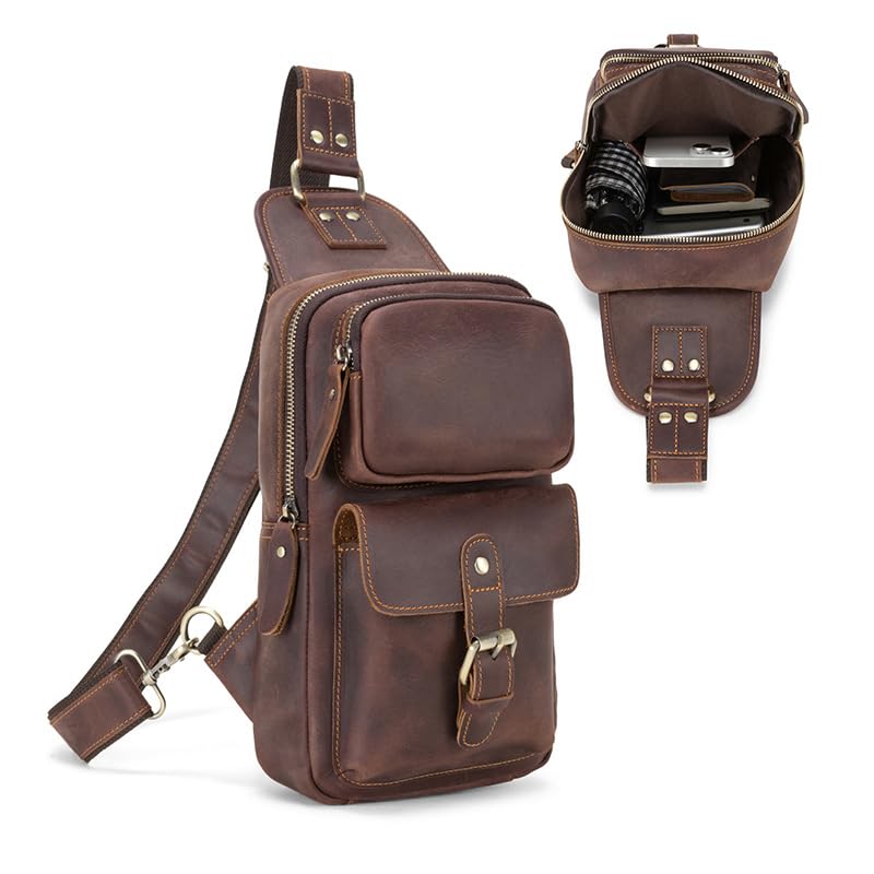 Genuine Leather Sling Bag Men Women Vintage Shoulder Backpack Chest Casual Daypack Crossbody Outdoor Thick Full Grain