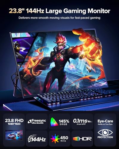 Image of Newsoul 23.8'' Portable Monitor 144Hz Gaming Monitor, 145% sRGB | 2000:1 | FreeSync Built-in Adjustable Stand, Speaker and VESA, USB-C HDMI Large Second Screen for Laptop, Mac-Book, PC, Game Console