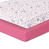 Precious Moments Noah’s Ark Fitted Crib Sheet 2 Pack for Baby Girl by Everyday Kids; 1 Animals on the Ark Printed Crib Sheet and 1 Solid Bright Pink; Adorable Wildlife Elephants, Giraffes, Bears Print