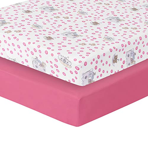 Image of Precious Moments Noah’s Ark Fitted Crib Sheet 2 Pack for Baby Girl by Everyday Kids; 1 Animals on the Ark Printed Crib Sheet and 1 Solid Bright Pink; Adorable Wildlife Elephants, Giraffes, Bears Print