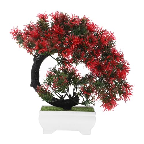ABOOFAN Artificial Bonsai Tree Faux Plants Indoor Small Fake Plants Decor with Pots Plastic Japanese Pine for Home Table Office Desk Bathroom Shelf Farmhouse Decoration Red