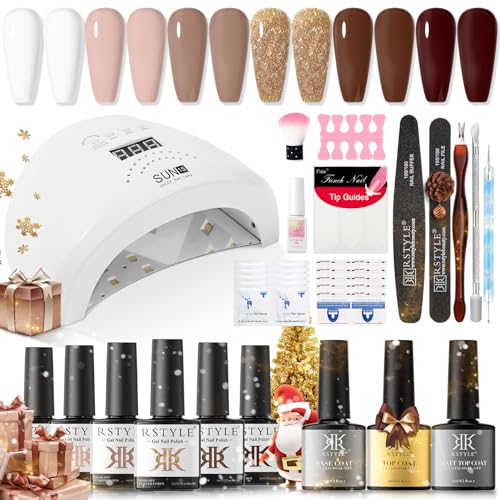 RSTYLE Kit Uñas Semipermanentes con Lámpara UV 48W,10 Piezas Marrón Juego de Esmaltes de Uñas Principiante,para Salones de Uñas Kits de Uñas de Diseño Principiantes