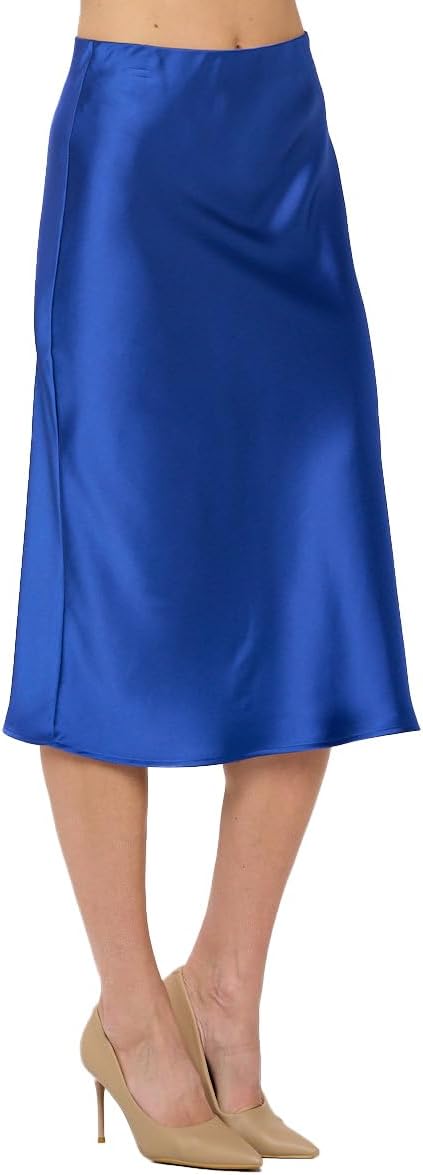 Size S Women Solid High Waist Silky Casual Elastic Satin Midi Skirt -Made in USA (Available in Plus Size)