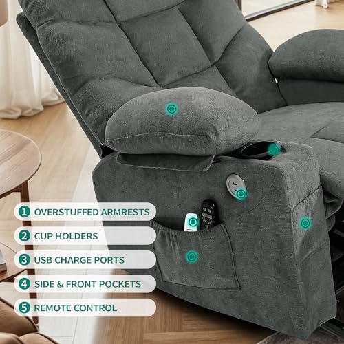 DWVO Power Lift Recliner Chair with Massage & Heat, Modern Fabric Recliner Chair, Spacious Fabric Seat, USB Ports, Cup Holders & Remote Control for Living Room, Dark Gray