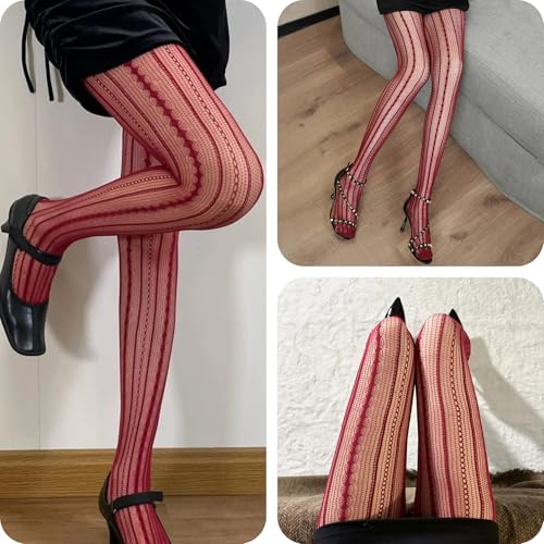 2Pcs Women’s Ultra Stretchable Fishnet Tights Vertical Striped Pantyhose Floral Lace Stockings Plus Size4