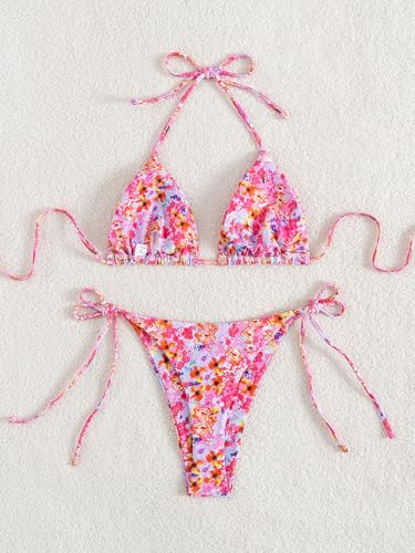 Image of Tainehs Women's Sexy Halter Thong Bikini Tie Two Sides Bottom Triangle Bikini Swimsuits