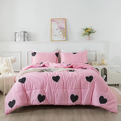Caressma Girls Pink Comforter Set Twin Size - Blush Pink Cute Love Heart Print Comforter Bedding Set for All Seasons Geometric Soft Microfiber Comforter Set with Pillowsham