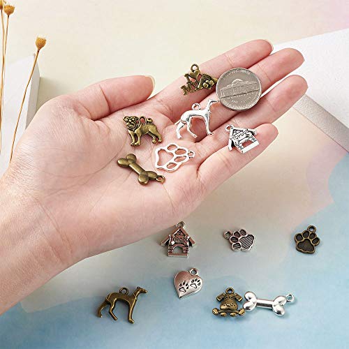 Cheriswelry 88Pcs Tibetan Style Alloy Dog Pet Theme Charm Pendants Metal Dog Paw Prints Bone Dangle Charms Beads For Diy Craft Jewelry Making (Antique Silver & Antique Bronze) #TOP5