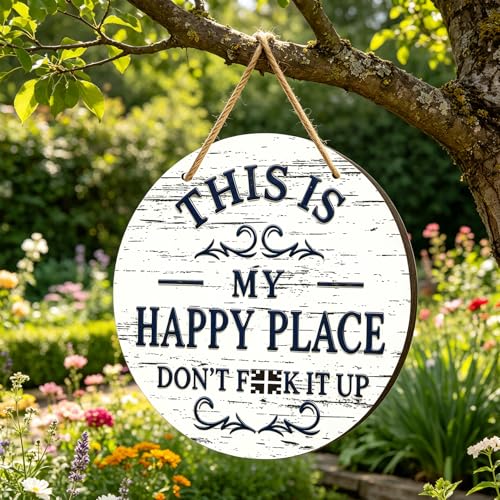 This is My Happy Place Welcome Sign, 12' Round Farmhouse Wooden Decor - Funny Rustic Wall Hanging for Home, Porch, Garden