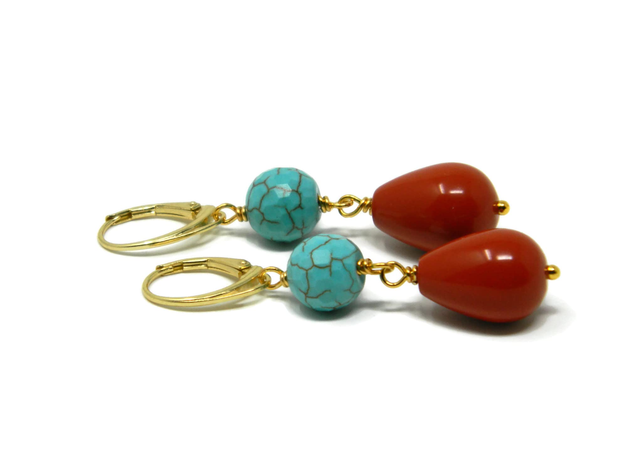 Orecchini Pendenti Donna con Pietra Aulite Turchese e Goccia in Pasta di Corallo Rosso Sardegna – Argento 925 Placcato Oro Giallo – Handmade Made in Italy – Nickel Free - DodiGioielli