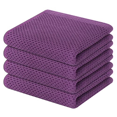 Image of Homaxy 100% Cotton Waffle Weave Kitchen Dish Towels, Ultra Soft Absorbent Quick Drying Cleaning Towel, 13 x 28 Inches, 4-Pack, Purple