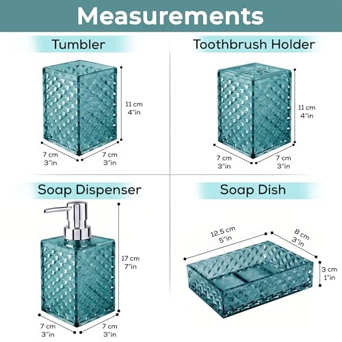 Image of Story@Home 4 Pieces Bathroom Accessories Set - Teal | Toothbrush Holder, Soap Dispenser, Mouth Wash Cup & Soap Dish for Home Kitchen & Bathroom | Bathroom Essentials for Office