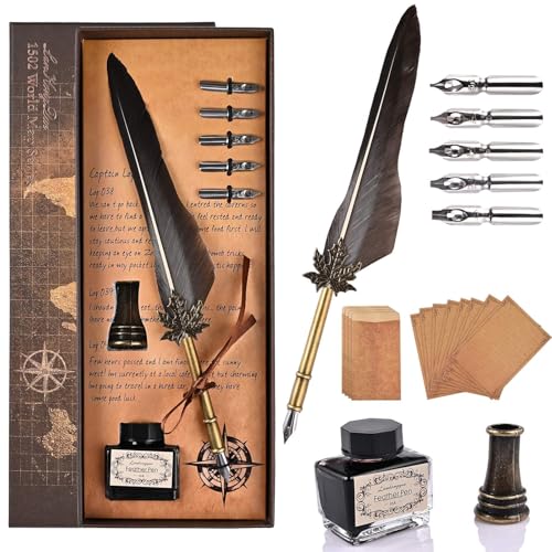 Cieex Schreibfeder Kalligraphie Feder Handgemachte Dip Pen Vintage Federkiel Dip Quill Pen Writing Ink Set für Schreibwaren Geschenk