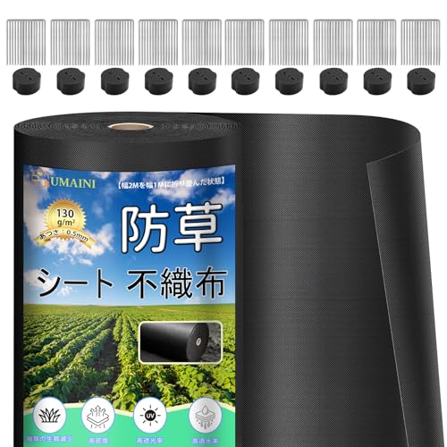 防草シート 厚手 高耐久 2×50M シート防草 不織布 除草シート補修テープ 雑草防止シート固定ピン100本と黒丸100枚付き 家庭菜園 農業 工事用 園芸用 人工芝下（ブラック）
