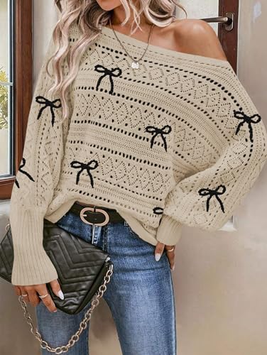 Image of Cakulo Womens Off Shoulder Sweater Top Fall Outfits Fashion 2025 Oversized Knit Batwing Long Sleeve Crochet Pullover Sweaters