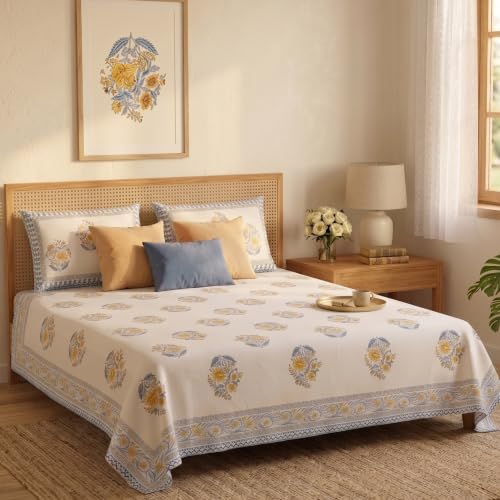 Image of Naksh Bedsheet Queen Size Bed Cotton | Royal Sajawat Vintage Mughal Floral Bedsheet with 2 Pillow Covers | Pure Cotton Bedsheets for Queen Size Bed | Royal Blue Cotton Bedding Set