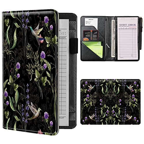 Server Books for Waitress Waiter with Zipper Pocket, Flowers Hummingbird Leather Server Pads Waitstaff Organizer Guest Check Presenters Server Wallet Money Holder Pouch Fit Apron