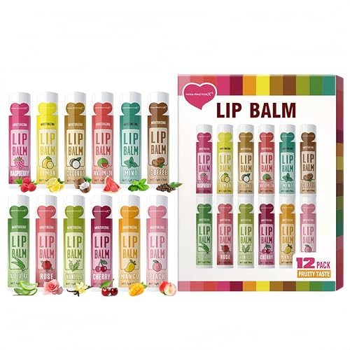12 Stück Lippenbalsam Set - Lippenpflege Set - Feuchtigkeitsspendender Lippenpflegestift mit 12 Düften - Lip Balm gegen Trockene Lippen - Lipgloss Set & Geschenk für Teenager Mädchen & Frauen