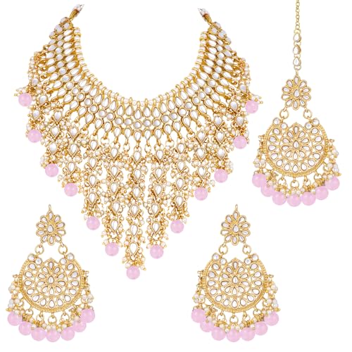 Image of Peora Kundan & Beads Studded Necklace Earrings & Maangtikka Set Ethnic Jewellery for Women & Girls