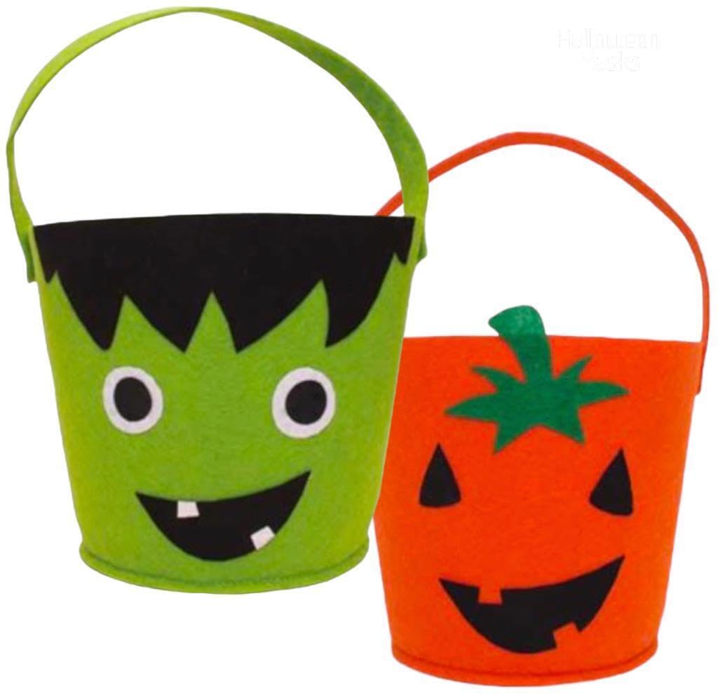 Orbitron Orange & Green Basket Trick Or Treat Pumpkin Handbag Tote Bags Loot Bucket Halloween Candy Bag (Orange & Green)