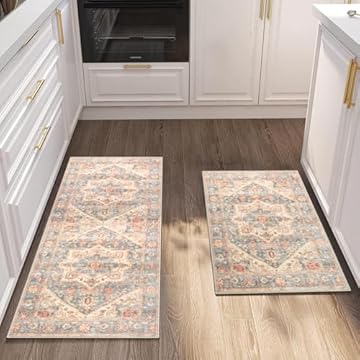 Cekene Vintage Carpet Runners for Kitchen Non-Slip Distressed Kitchen Rug Runner Machine Washable Short Pile Floor Mat for Entryway Bedroom Laundry Room(Brown,50x80cm+50x120cm)