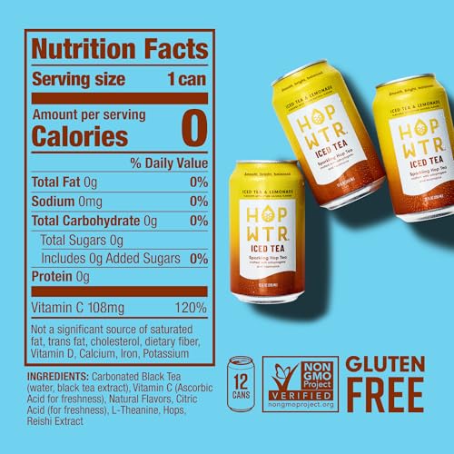 Image of HOPWTR Iced Tea & Lemonade, Non Alcoholic Sparkling Tea with Adaptogens, Nootropics & Vitamin C, Zero Sugar Zero Calorie Functional Beverage, Gluten Free Hop Water Drink (12 Pack, 12oz Cans)