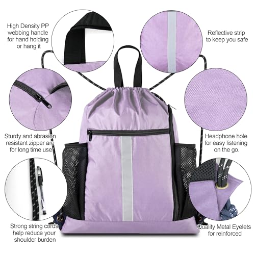 Image of BeeGreen Lilac Drawstring Backpack Bag Gym Sports Backpack with Shoe Compartment and Two Water Bottle Holder for Women Men Large String Athletic Sackpack Workbag