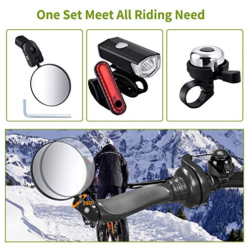 Ornalry Bicycle Accessories 4 PCs Include Bike Rearview Mirror, Rechargeable Bicycle Light Set - Front Headlight and Back Tailight, and 1 Bike Bell Brass (with 2 USB Cable) - Thumbnail 6