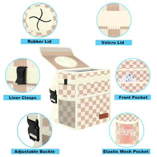 Image of Femuar Leak Proof Car Trash Can with Lid, Collapsible Hanging Waterproof Car Trash Bag with Mesh Pocket for SUV Front Seat Headrest, Large /Beige Brown Plaid