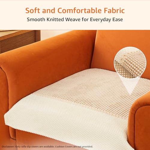Image of Amazon Basics Knitted Fabric Sofa Cover for Single Seater, Playful Polka Dots, Non-Slip Sofa Pad, 70x70 cm, Soft Silicone Grip Dots, 100% Polyester, Machine Washable - Camel