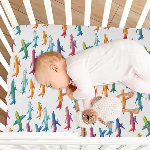 Image of Caikeny Fitted Crib Sheet for Boys Girls Airplane Colored Baby Crib Sheets Bassinet Sheets Crib Mattress Bed Sheets for Toddler Newborn Infant 27 x 39 in