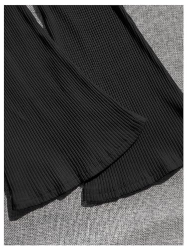 Image of MakeMeChic Girl's Two Piece Outfits Rib Knit Collared Puff Sleeve Peplum Blouse Top and Flare Leg Pants Set Black and White 10Y