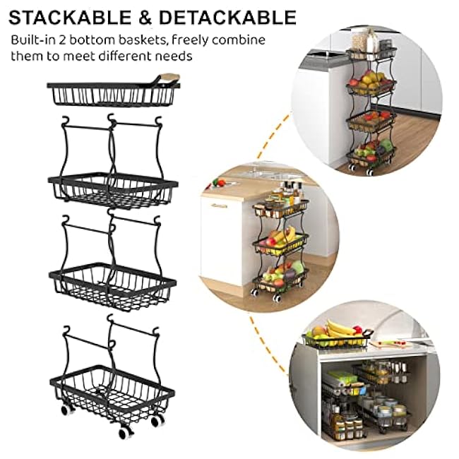 4 Tier Slim Fruit Basket for Kitchen, Stackable Metal Wire Fruit Vegetable Storage Baskets Organizer Stand on Wheels, Produce Basket Potato Onion Storage Bins Rack for Pantry. (Black)