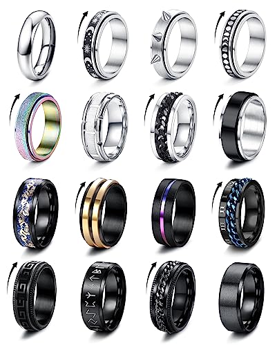 FIOROYAL 16 Stück Edelstahl Ringe Herren Skill Ringe für Männer Frauen Spinner Ring Schwarzer Silber Mode Band Anti Stress Ring Fidget Ring Hochzeitsversprechen Herren Ringe Set 54-69 v12