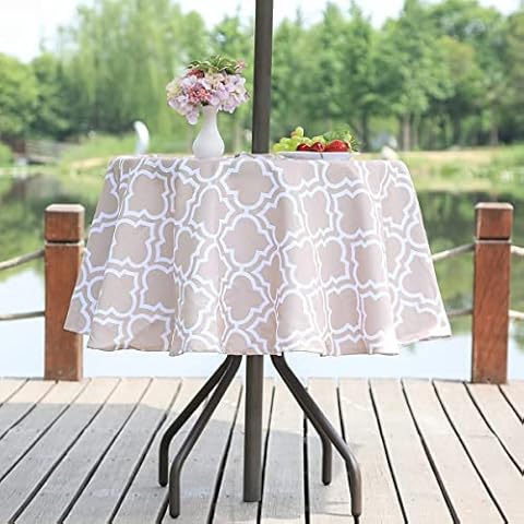 3E Home Outdoor Table Cloth Splashproof Patio Round Table Cover with Umbrella/Parasol Hole and Zipper Picnic [52 inches (132 cm) Khaki lattice] Cover