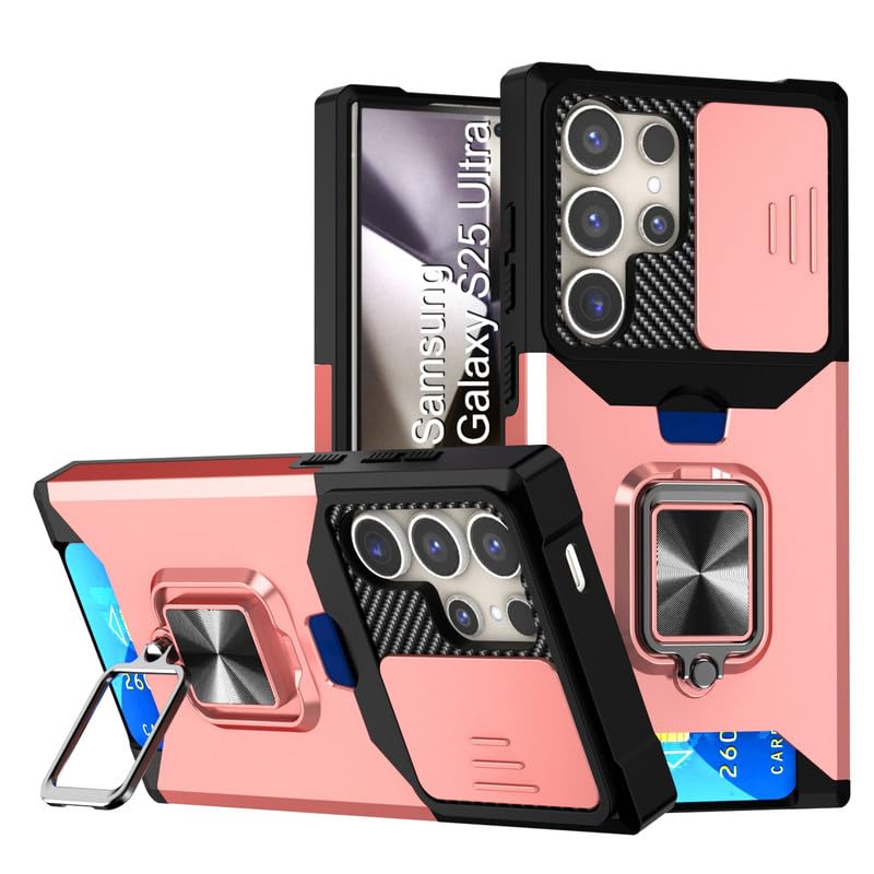 Image of LuxuryKase Shockproof Armor Case for Samsung Galaxy S25 Ultra | Slide Camera Cover | Hidden Card Slot | Rotating Ring Kickstand | Magnetic Car Mount Support | Military Grade Protection - Rose Gold