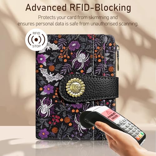 Image of Kelvoris Goth Gothic Bats Spiders Web Small Rfid Women Wallet Bifold Zipper Coin Pocket PU Leather Compact Cash Credit Card Holder Travel Wallet for Female Ladies Teen Girls 1 ID Window 10 Card Slots