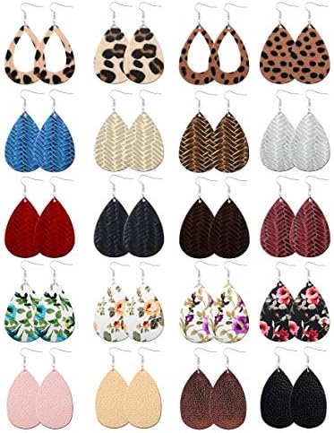 Sunssy 20 Pairs Leather Earring for Women Teardrop Leopard Print Leather Dangle Earring Lightweight (20 Pairs-2)