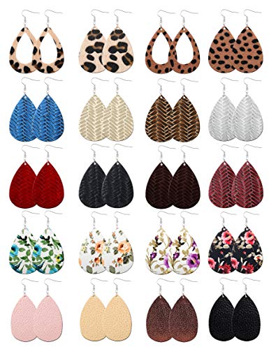 Sunssy 20 Pairs Leather Earring For Women Teardrop Leopard Print Leather Dangle Earring Lightweight (20 Pairs-2) #TOP30